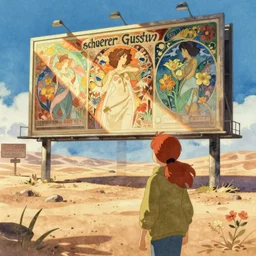wholesome animation key shot, ultra wide, intricate, parka redhead explore schwerer gustav!!!!, desert, signs, billboards, shinkuku, ambient occlusion, studio ghibli, pixar, disney concept art watercolor illustration by alena aenami, bloom!!! dramatic lighting, alphonse mucha, blue sky, shadows