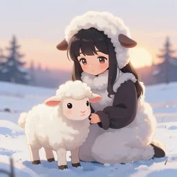 mary had a little lamb, its fleece was white as snow, trending on pixiv, fluffy sunrise morning shepherdess, anime style adorable illustration
