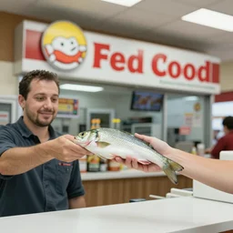 man at fast food place paying with whole fish