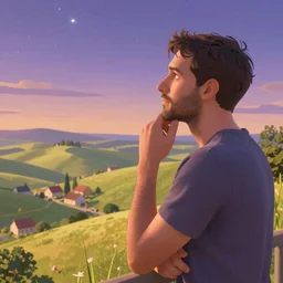 idealized detailed image of a content man thinking to himself while in a dream-like environment, looking over a landscape of bright, rolling hills, a quaint little village in the background and starlit skies, the sky has purple/light orange undertones
