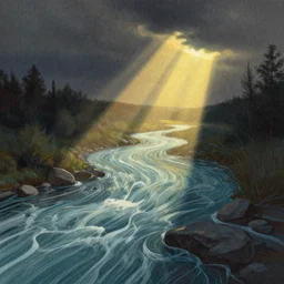 editorial illustration by karolis strautniekas and mads berg, reality melting into rivers, colorful, fine texture, detailed, muted colors, film noir, dramatic lighting, dynamic composition, vivid, matte print, wide angle, ( ( sunbeams ) ), moody, extreme perspective, dither