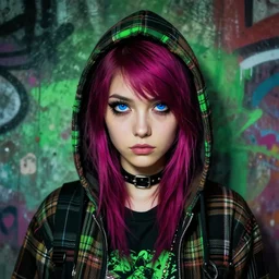 highly detailed portrait of a sewer punk lady student, blue eyes, tartan hoody, magenta hair by atey ghailan, by greg rutkowski, by greg tocchini, by james gilleard, by joe fenton, by kaethe butcher, gradient green, black, brown and magenta color scheme, grunge aesthetic!!! ( ( graffiti tag wall background ) )