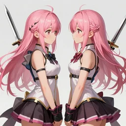 A full body portrait of two girls as ToLoveRu, pink hair, weapon in hands, face to face, digital painting, concept art, highly detailed, sharp focus, art by Kyoto Animation, anime illustration, trending on Pixiv.