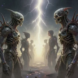 ambient occlusion render metaphysical scifi cosmic skullpunk creatures in profile by beksinski, art by artgerm, wlop, loish, ilya kuvshinov, muted vaporwave ombre, leading lines, lightning, vanishing point, volumetric lighting, god rays