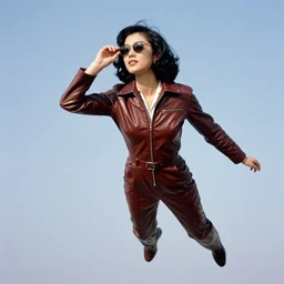 ektachrome, telephoto, highly detailed : incredibly realistic, youthful asian demure floating in the sky, ray - bans, exquisite features, feminine cut, photo 1 9 6 0 s frontiers in flight leather suit cosplay fashion, boris vallejo, terry richardson