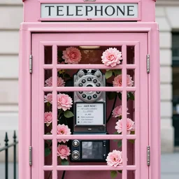 closeup photorealistic pink telephone booth with pink flowers blooming, symmetrical, 8 5 mm lens, by annie leibovitz - lh 7 6 8
