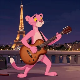 django reinhardt playing guitar, background paris at night in the style of the pink panther show, cartoon, 4 k