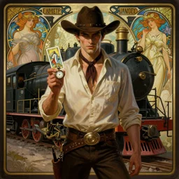 a dramatic ethereal epic symmetrical painting of a handsome villainous cowboy standing in front of a locomotive | his shirt is unbuttoned and he has a pocketwatch | tarot card, art deco, art nouveau, ( steampunk ), homoerotic, realistic, detailed | by louis comfort tiffany and alphonse mucha | trending on artstation