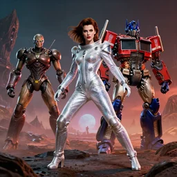 milla jovovich and david bowie wearing a rocknroll glitzy glamour spacesuit, beautiful, heroic action pose, stunning alien landscape, cinematic, dramatic studio lighting, wide shot, in the style of kubrick, ridley scott, jodorowsky, dune, star wars, transformers, moulin rouge, tron, science fiction, illustration, 3 d sculpture octane render