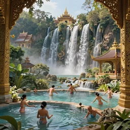 paradise, temple maids playfully frolic, natural waterfalls, hotspring baths, regal birdseye vista view, ethereal, laos, vivarium, exquisite detail, unreal engine, ornate, elite, cinematic, peter mohrbacher, vladimir kush, michael whelan, bill stoneham, tsutomu nihei, jane graverol, kay sage, digital art, airbrush, art nouveau, intricate, clear, looming, epic, depth, artstation, highly detailed, blender, Unreal Engine, octane render, vray, 4k, super wide angle