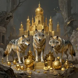 wolves and their treasures. golden treasures of a thousand temples. octane render, highly detailed digital painting by david caspar friedrich and h. r. giger