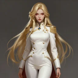 a highly detailed illustration of beautiful long dirty blonde haired pale girl wearing epaulette uniform wearing white pants, red eyes, intricate, elegant, highly detailed, centered, digital painting, artstation, concept art, smooth, sharp focus, league of legends concept art, WLOP