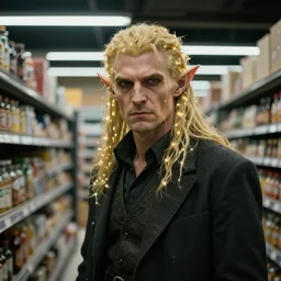 an ultra realistic, cinematic, fantasy, portrait, of an evil elf, elden ring, fairy lights, facial features, stood in a supermarket, business clothing, lights, detailed, deep focus, movie still, dramatic lighting, ray tracing, by michal karcz and yoshitaka amano