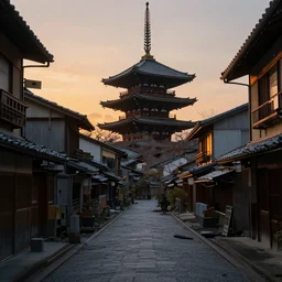 nuclear winter, abandoned street of kyoto, near future, fantasy, sci - fi, hyper realistic, serene, sunset.