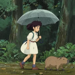 a young girl holding an umbrella with her pet capybara walking through the forest, raining, side view, art by hayao miyazaki, studio ghibli film, 4k, hi res, high detail