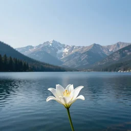 photo by ansel adams lake with mountains, single white lily in the foreground