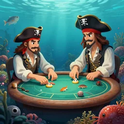 random sea creatures playing poker underwater dressed as pirates. realistic illustration, digital art.