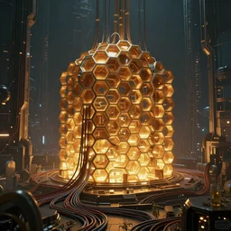 Mystical Sci-fi Concept Art, Technological, Cables, Wires, Landscape, Mechanically Enhanced Honeycomb, Cybernetic, Ambient Lighting, Honeycomb, Glowing Amber, Honey. Cityscape