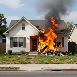 a photo of a house burning down in the background and the kool - aid man with an eerie expression in the foreground, strong depth of field
