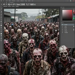 zombie horde, xf iq 4, 1 5 0 mp, 5 0 mm, f / 1. 4, iso 2 0 0, 1 / 1 6 0 s, natural light, adobe photoshop, adobe lightroom, dxo photolab, corel paintshop pro, rule of thirds, symmetrical balance, depth layering, polarizing filter, sense of depth, ai enhanced