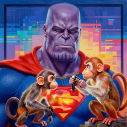 beautiful lifelike painting of thanos as superman hunting seamonkeys, hyperreal detailed facial features and uv lighting, retro pixel bitmap art by ed roth and basil wolverton