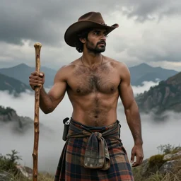an ethereal dramatic epic painting of a handsome rugged shirtless desi hiker | he is wearing a plaid kilt and cowboy hat, and holding a wooden pole, and has a hairy chest | background is mountains and clouds | homoerotic, dramatic lighting, realistic, highly detailed | by clyde aspevig, by paul cadmus, by bill ward | trending on artstation