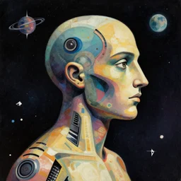 awakened humanoid being in space profile picture artwork by picasso, beeple