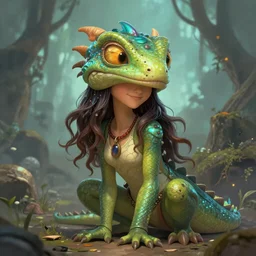 a fantasy creature portrait, beautiful girl, lizard like, alien, happy, carlos huante, boris vallejo