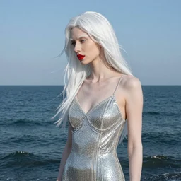 portrait of an albino woman detailed, with a long thin nose, red lipstick, with long white hair, standing in a camisole of rhinestones and silver, deep decal, standing in the middle of the ocean, very beautiful style, photorealism, edgard maxence