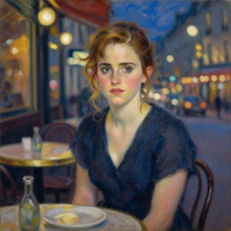 an impressionist portrait painting of emma watson by antoine blanchard, paris cafe at night with city lights bokeh background,!!! shallow depth of field!!!, canon 5 0 mm!! tilt - shift!! lens f 1. 2