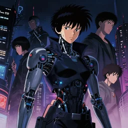 a japanese cyberpunk android hacker, wide shot, finely detailed features, cyborg robot parts with glowing lights!, dramatic cinematic, night, at cyberpunk city, ghost in the shell, akira, noir, painted by greg rutkowski makoto shinkai takashi takeuchi craig mullins, alphonse mucha, studio ghibli, pixiv