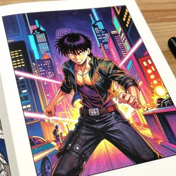 Action scene from the film ghost in the machine, beautiful, vibrant city lights, sharp focus, ultra detailed, cgsociety, psychedelic manga, gauche on paper by Raqib shaw
