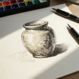 sketch of pen and ink jar on a desk, afternoon lighting, watercolor