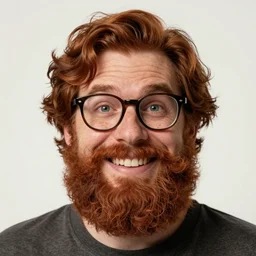 pleasant, grinning, nerdy man character portrait, dark auburn wavy hair, full beard, glasses without frames, freckles, by don bluth, highly detailed, dynamic shadows, 4 k, wallpaper - 1 0 2 4