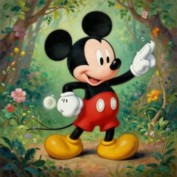 mickey mouse entering the garden of eden, oil painting by rembrandt, masterpiece