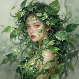 a young woman engulfed in green leaves, transcendence, intricacy, elegant, fantasy, highly detailed, digital paining, concept art, artstation, art by Janice Sung