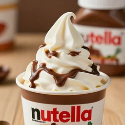 nutella sauce all over soft serve ice cream swirl in a cup. beautiful tasty delightful cinematic. s 3 5 mm f / 2. 8 macro is stm