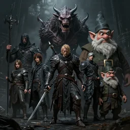 A portrait of a monsters and  giant dwarf's by Greg Rutkowski, Sung Choi, Mitchell Mohrhauser, Maciej Kuciara, Johnson Ting, Maxim Verehin, Peter Konig, Bloodborne, 8k photorealistic, cinematic lighting, HD, high details, dramatic, dark atmosphere, trending on artstation