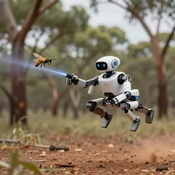 biomimetic robot flying over a food forest, killing wasps with automatic lasers in the australian outback, XF IQ4, 150MP, 50mm, F1.4, ISO 200, 1/160s, natural light