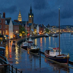 victorian harbour night, rain, a beautiful painting, digital art, overdetailed art, concept art, detailed illustration, hd, 4k, digital art, highly saturated colors, Dan Mumford,  Greg rutkowski