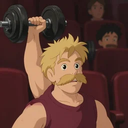 animation still frame of an athletic blond man with a blond mustache, he lifts a big dumbbell high angle closeup portrait, blurry background of bordeaux, disney, pixar, bloom, medium shot, dramatic lighting, in the style of studio ghibli, j. c. leyendecker, greg rutkowski, artgerm