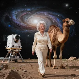 Dolly Parton walking with a camel, James Webb Space Telescope, photograph, dark matter, galaxies, depth of field, photo realistic