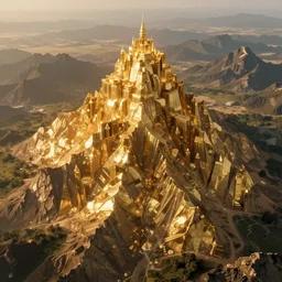 aerial view of a golden mountain of stratified time, the prehistoric past at the base and the gleaming harmonious future at the peak | whimsical and fantastic, magic and mysterious, fantasy environment by fantasy by ross tran greg rutkowski