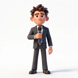 battle-worn news reporter with microphone, stylized pixar-style 3d render, full body, standing, isolated on a pure white background, centered, whole figure in frame, sharp focus, studio lighting
