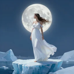 a greek goddess in white dress standing on the iceberg facing the moon, by dan mumford, elegant, divine, peaceful, digital painting, artstation, concept art, smooth, sharp focus, illustration