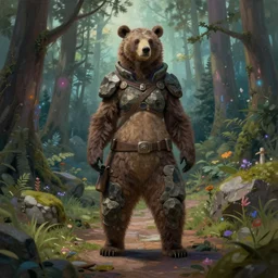 stunningly beautiful female anthropomorphic bear character in a rock outfit character in a painting of a path leading to a mystical forest full of wonders, pine trees, magical atmosphere, trending on artstation, 30mm, by Noah Bradley trending on ArtStation, deviantart, SFW version, high detail, stylized portrait H 704