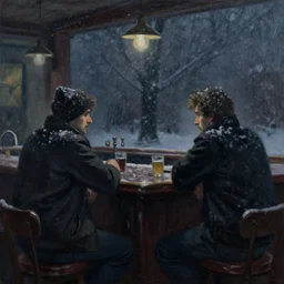 a painting of two men sitting at bar during a blizzard by Michael Whelan, dim lighting, ominous tone.