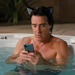 al pacino scarface hot tub scene, except he is wearing catgirl ears and browsing his iphone