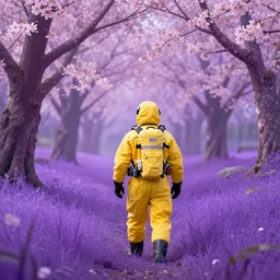 A yellow hazmat team inside of a purple wonderland with cherry blossoms and purple grass, award-winning digital art