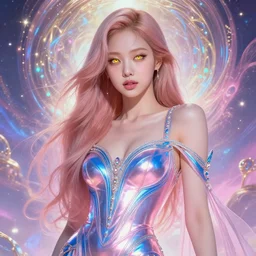 Kim Ji-soo from Blackpink as magical celestial princess wearing luxurious futuristic chic slim pearlescent dress, bright gold eyes, peaceful expression, fantasy, intricate pink and royal blue dress, modeling for Dulce and Gabanna, accurately portrayed, portrait art by James Jean and Alphonse mucha, highly detailed, digital painting, concept art, illustration, multiversal paradise shining rgb luxurious lights, trending on artstation, very detailed, smooth, sharp focus, octane render, close up